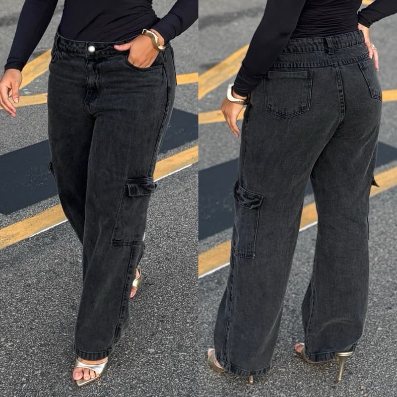Calça Jeans Cargo Wide Leg Feminina Destroyed