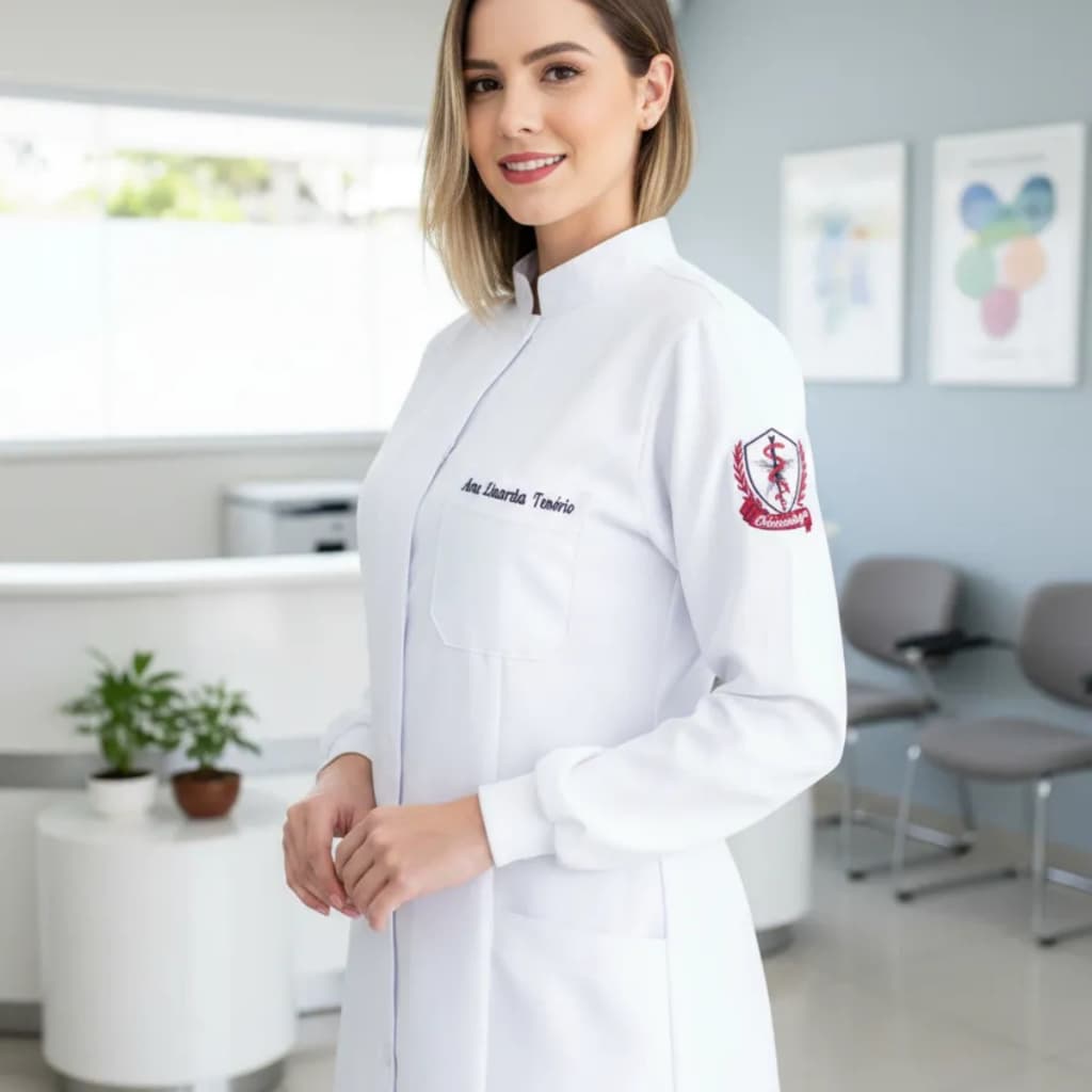 Jaleco Feminino Branco Gola Padre Gabardine Com Punho Acinturado Manga longa Avental