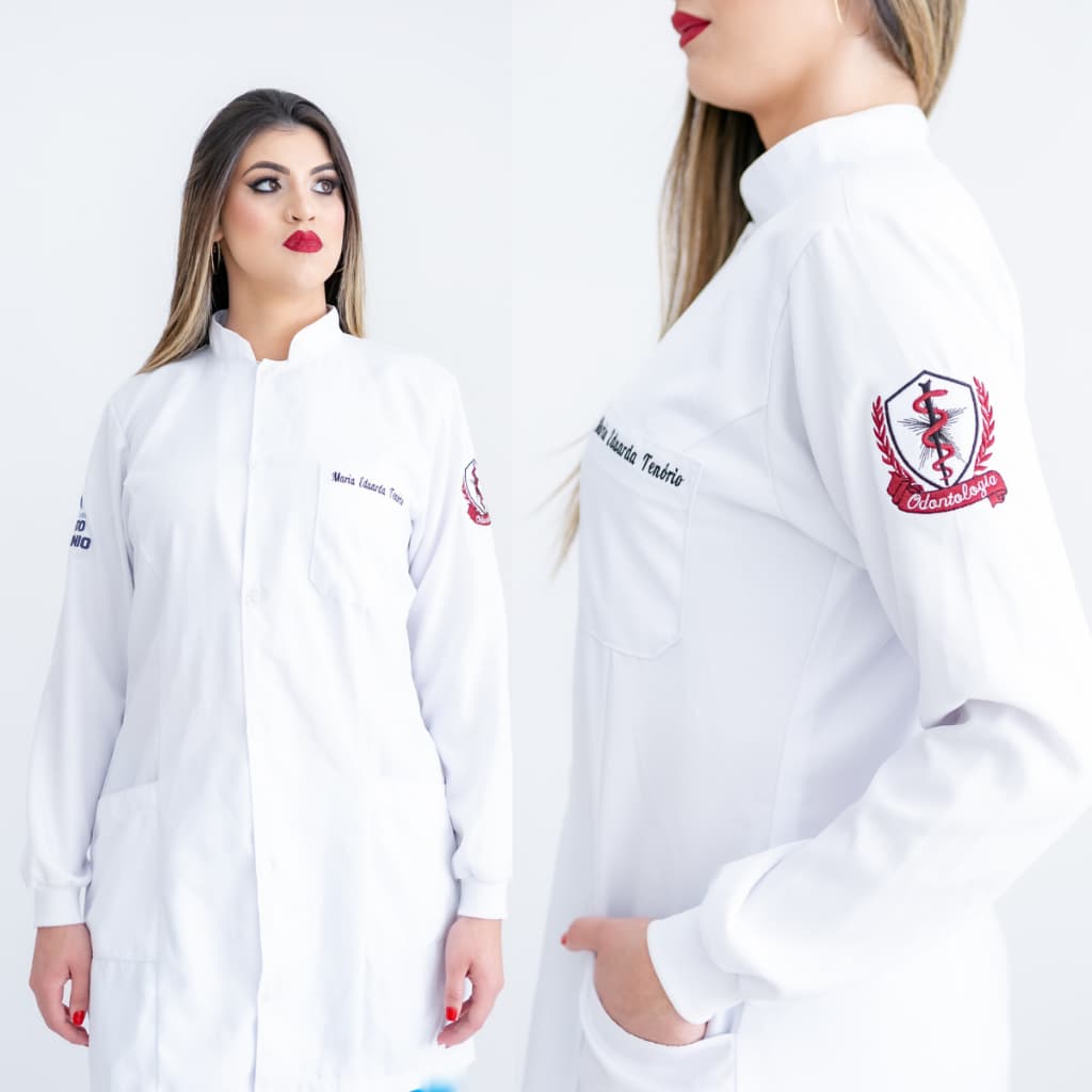 Jaleco Feminino Branco Gabardine Com Punho Gola Padre Acinturado Manga Longa