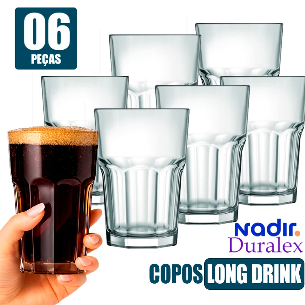 Kit 6 Copos de Vidro Long Drink Nadir Bristol Multiuso Cerveja Bar Buffet Suco Água Design Canelado