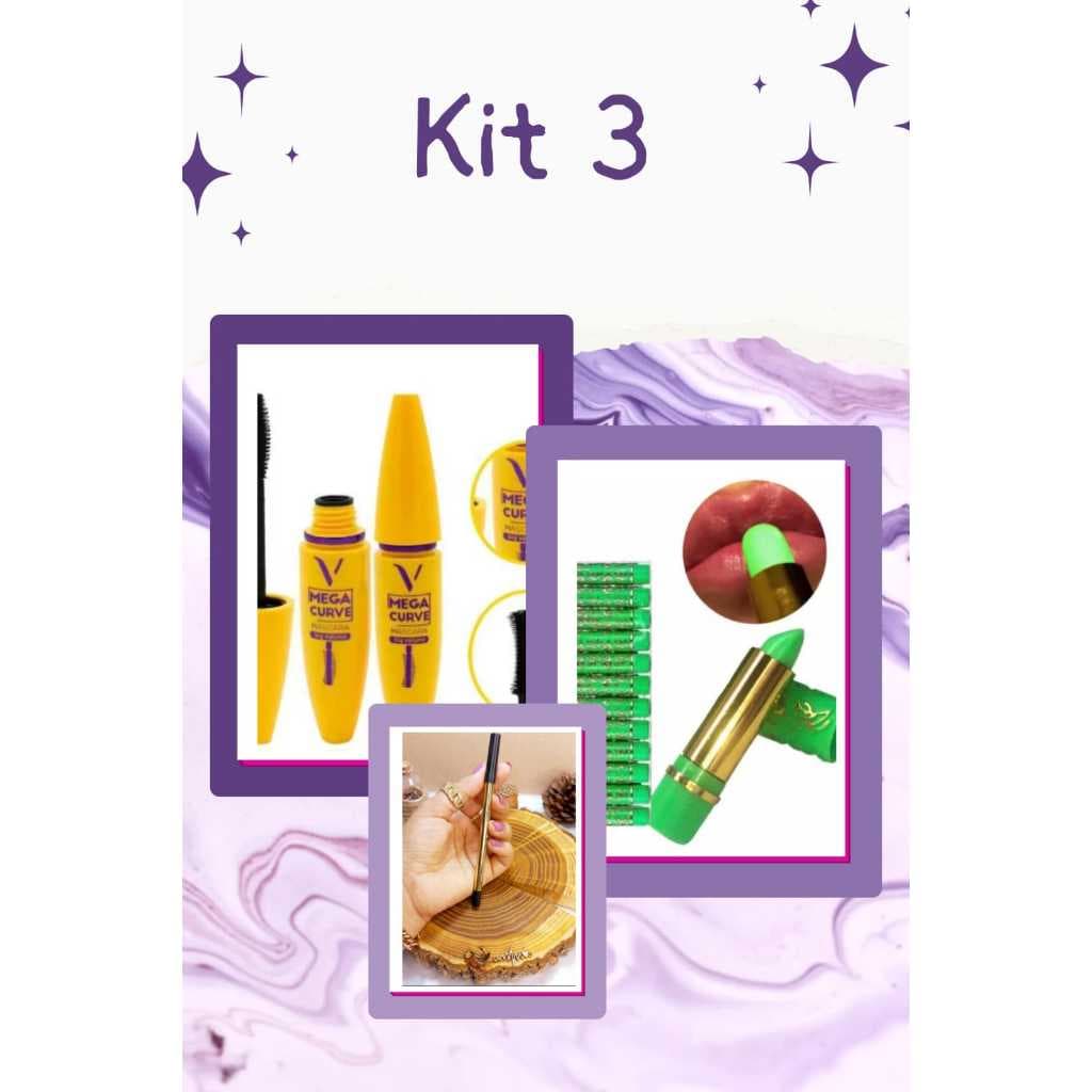 Kit 3 Mascara para cilios + Lapis preto para os olhos + Batom verde da vovo