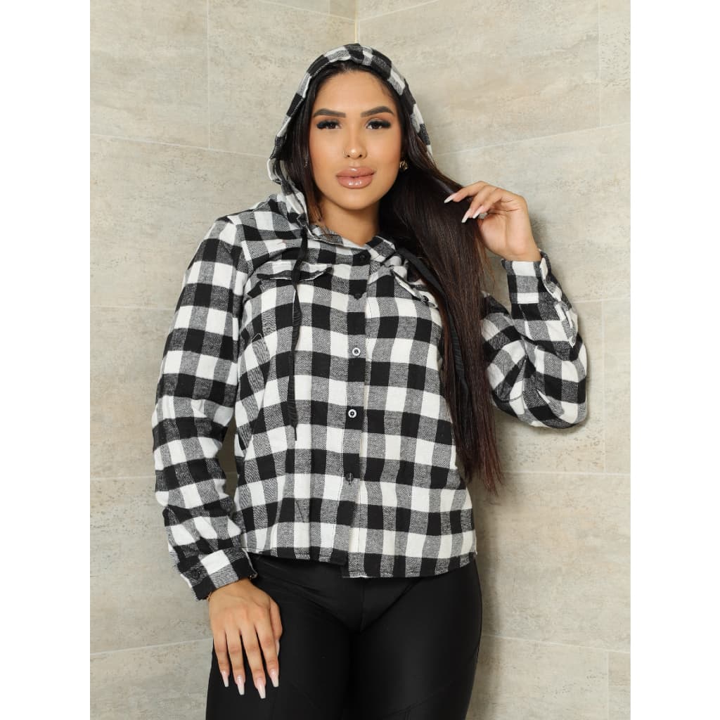 Camisa Xadrez Feminina Com Capuz Manga Longa Flanela Xadrez