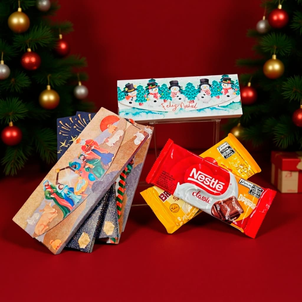 Caixa de Natal porta Tablete de chocolate de mercado. Barra chocolate industrial de Lembrancinha