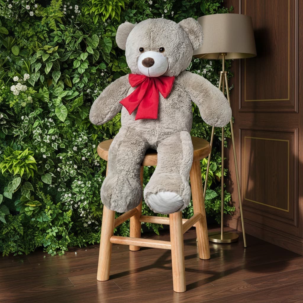 Urso De Pelúcia Teddy Bear Grande Com Laço 50cm Antialérgico Avelã Com Vermelho
