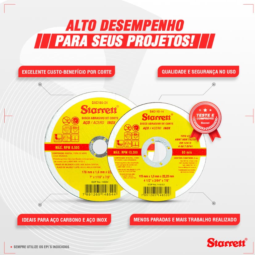 Disco De Corte Para Metal/Aço Inox 4.1/2" e 7. 1/16 Starretti Profissional Original - Kit com 10 Un.