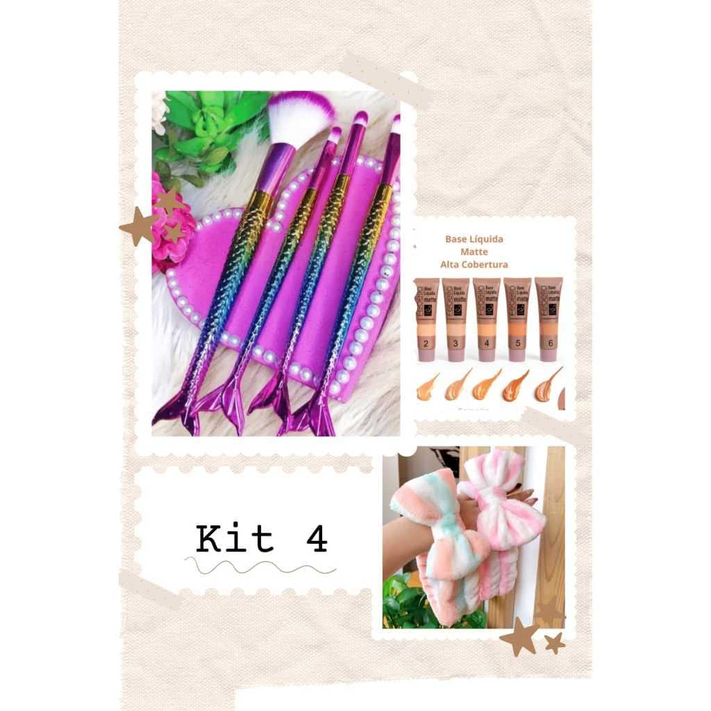 Kit 4 Pincel sereia + Base Febella + Faixa SkinCare