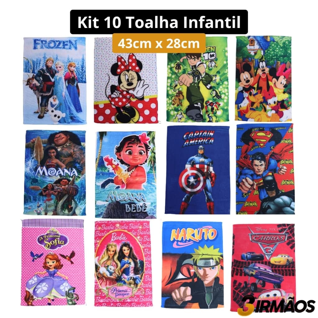 Kit de Toalhas Infantis com Personagens Divertidos - 10 Peças