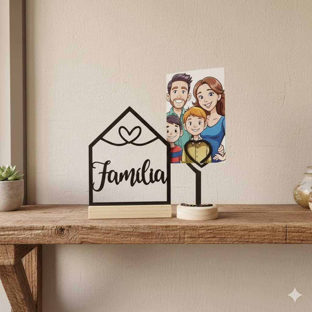 Kit Decorativo MDF 2 Peças – Porta-Retrato Coração Gratidão + Placa Casinha Vazada Família