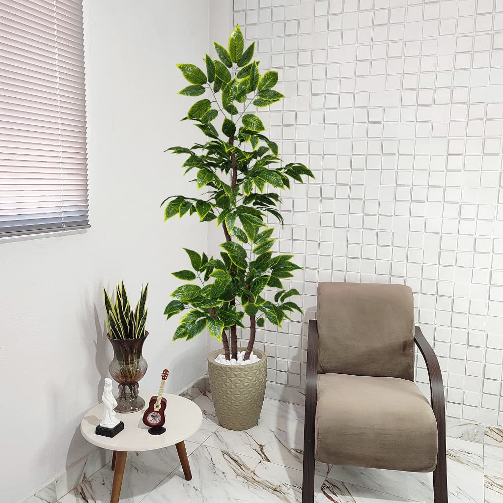 Planta Brasileirinho Cróton Artificial 190cm Grande Vaso Pedra