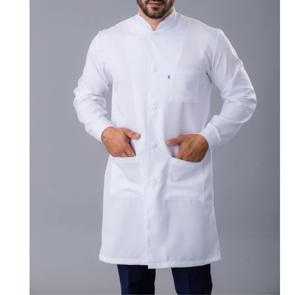 Jaleco Masculino Branco Com Punho Gabardine Manga Longa Gola Padre Botão Estudante