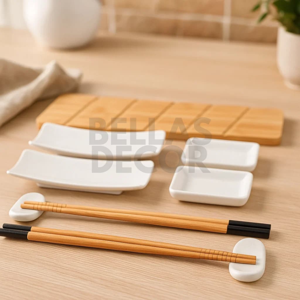 Conjunto 9 Peças para Sushi Lyor Nagoya com Tábua de Bambu e Louças em Cerâmica Branca