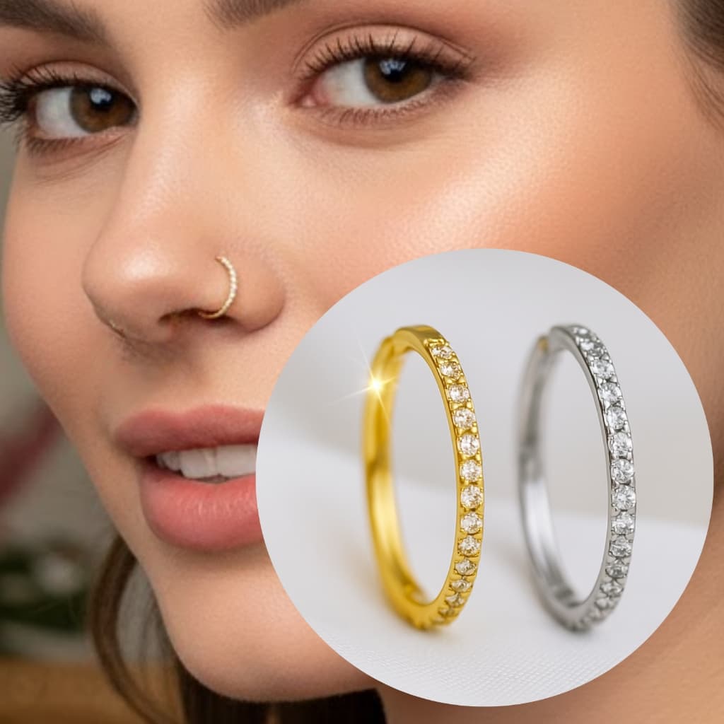 Piercing Argola Cravejada Zircônia 8mm Titânio Nariz Orelha Septo Conch Hipoalergênico Dourado Prata