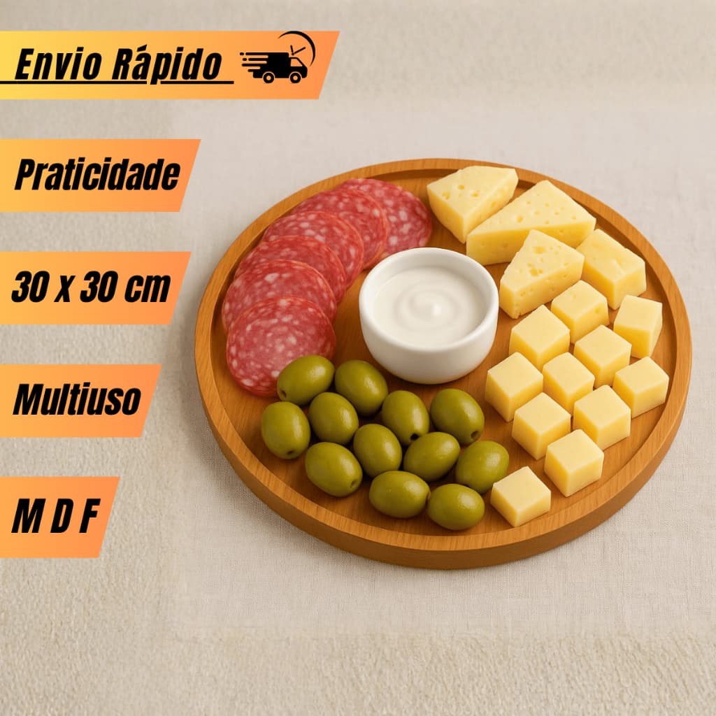 Gamela Petisqueira 30Cm Redonda MDF para Aperitivos Churrasco Tabua de Frios frutas Decorativa