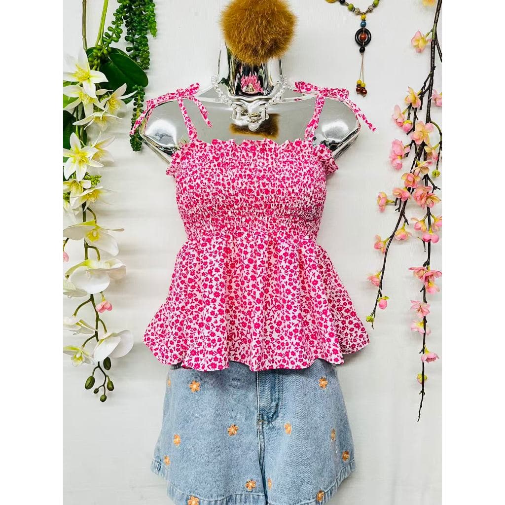 T104Top floral com amarração no peito