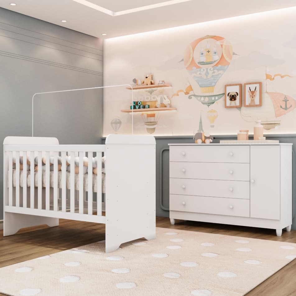 Quarto de Bebê 100% MDF - Cômoda Grande 4 Gavetas com Porta e Berço 3 em 1 - Branco Carolina Baby