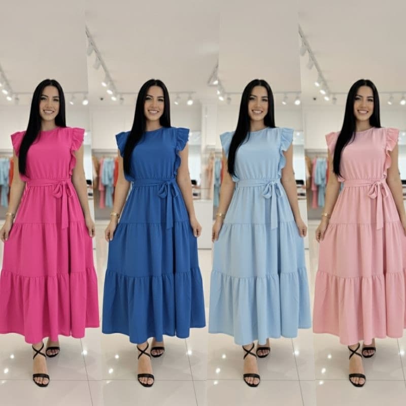 Vestido Feminino Luana Midi Babado Franja Princesa Três Marias Moda Evangélica Com Faixa Cinto Princesa