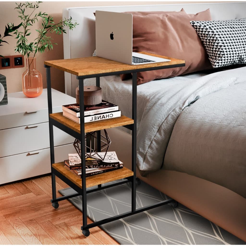 Mesa Auxiliar com Rodinhas e Prateleiras — Multifuncional para Notebook e Quarto
