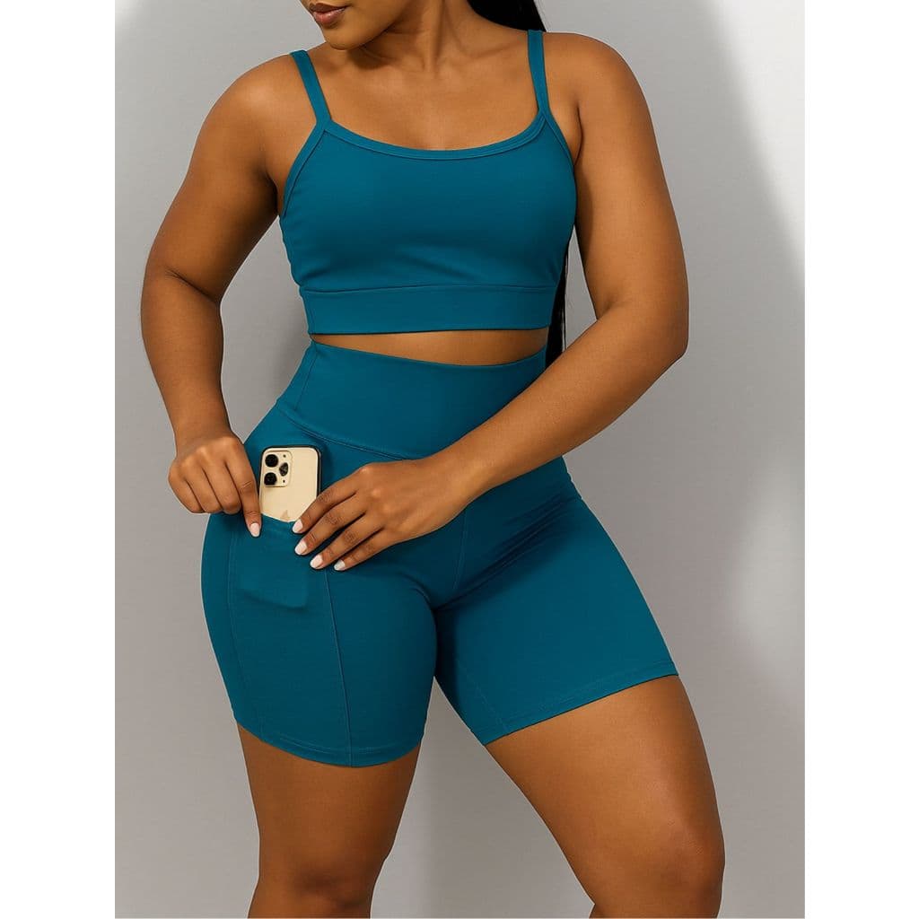 Conjunto top e shorts com BOLSO Fitness Academia Cintura alta Cós Duplo levanta bumbum