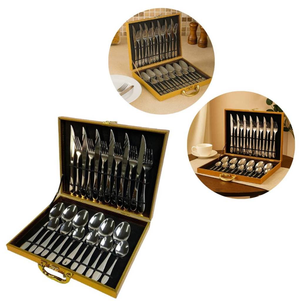 Talheres Inox Conjunto 24 Peças Maleta Luxo Jogo Colher Garfo Faca Aço Refeição Churrasco Elegante Completo