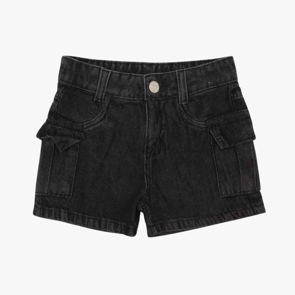 Short  Cargo Jeans Feminino Infantil Bolso Lateral Menina Juvenil Estilo Preto Verão 10 ao 16