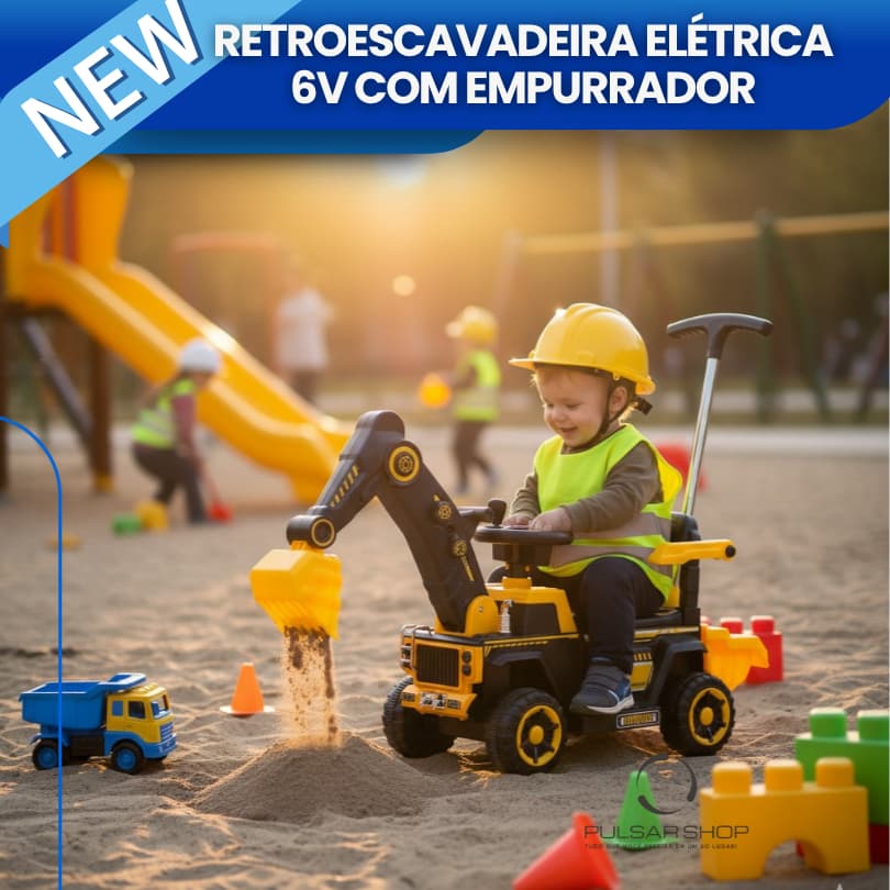 Escavadeira Trator Elétrico Amarelo Infantil 6v Com Pá Articulada Empurrador