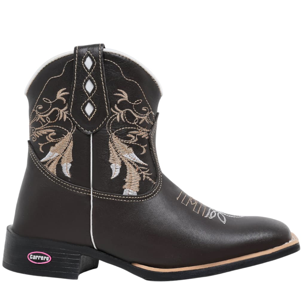 Bota Feminina Texana Couro Cano Curto Bordada Bico Quadrado