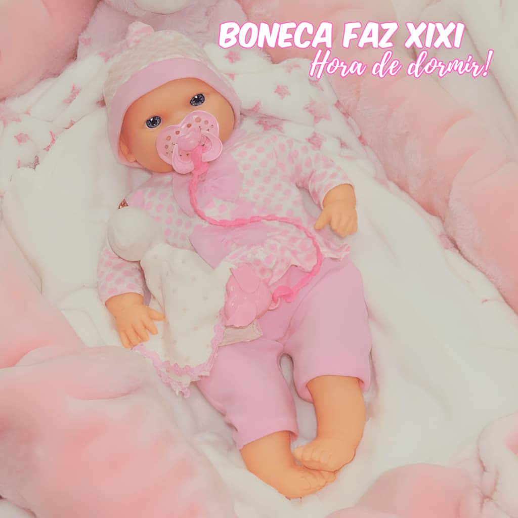 Boneca Bebe com Pijama Lexy Acessórios Pano e Vinil Faz Xixi
