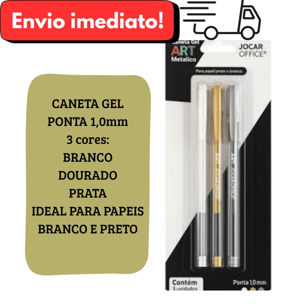 Trio de Canetas Metálicas Gel Jocar – Preto, Prata e Branco  (1.0mm)