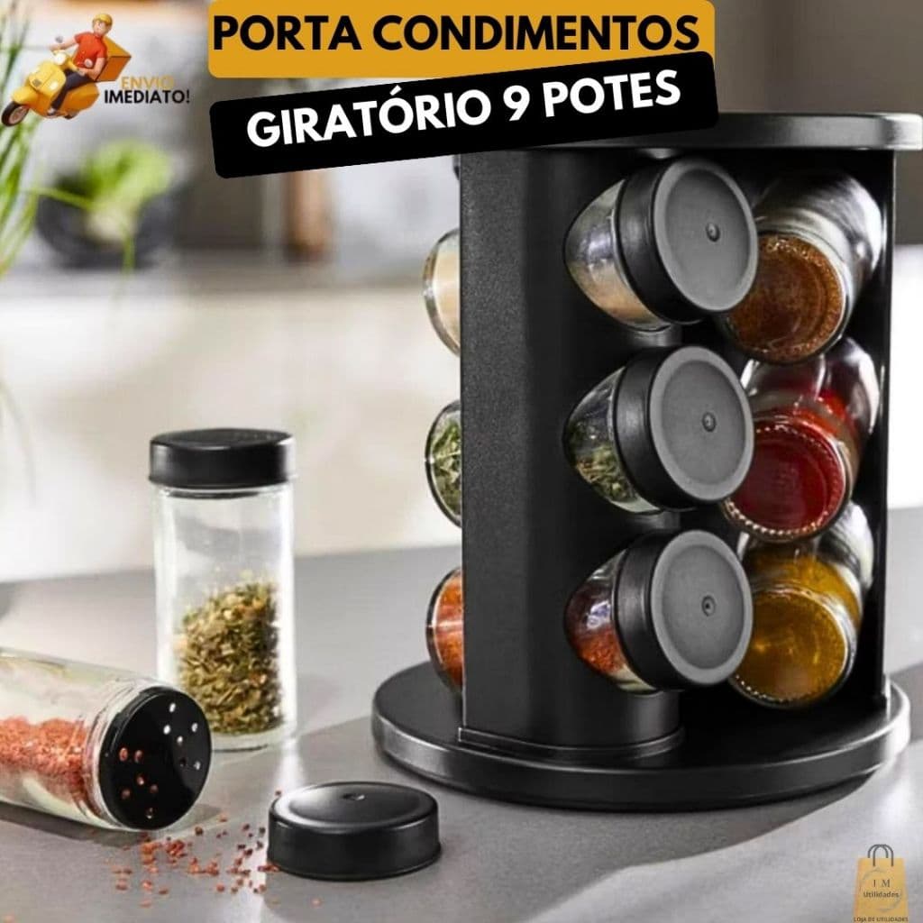 Porta Condimentos Giratório 9 Potes De Vidro Preto