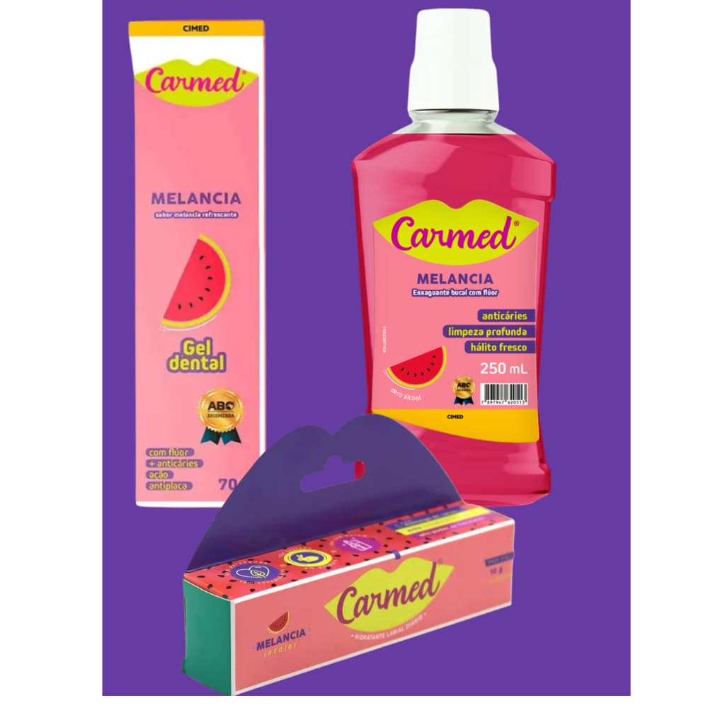 KIT GEL DENTAL MELANCIA CARMED + ENXAGUANTE BUCAL MELANCIA CARMED + HIDRATANTE LABIAL CARMED