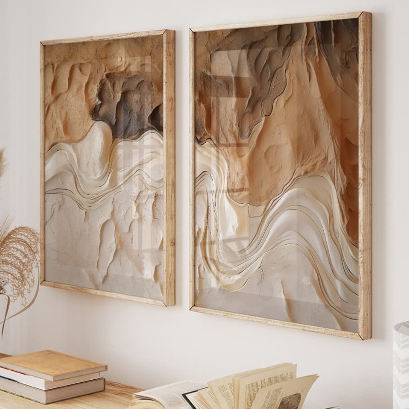 Kit 2 Quadros Decorativos com Moldura Sala Quarto Abstrato Moderno Textura Estilo Gesso Terra Vidro