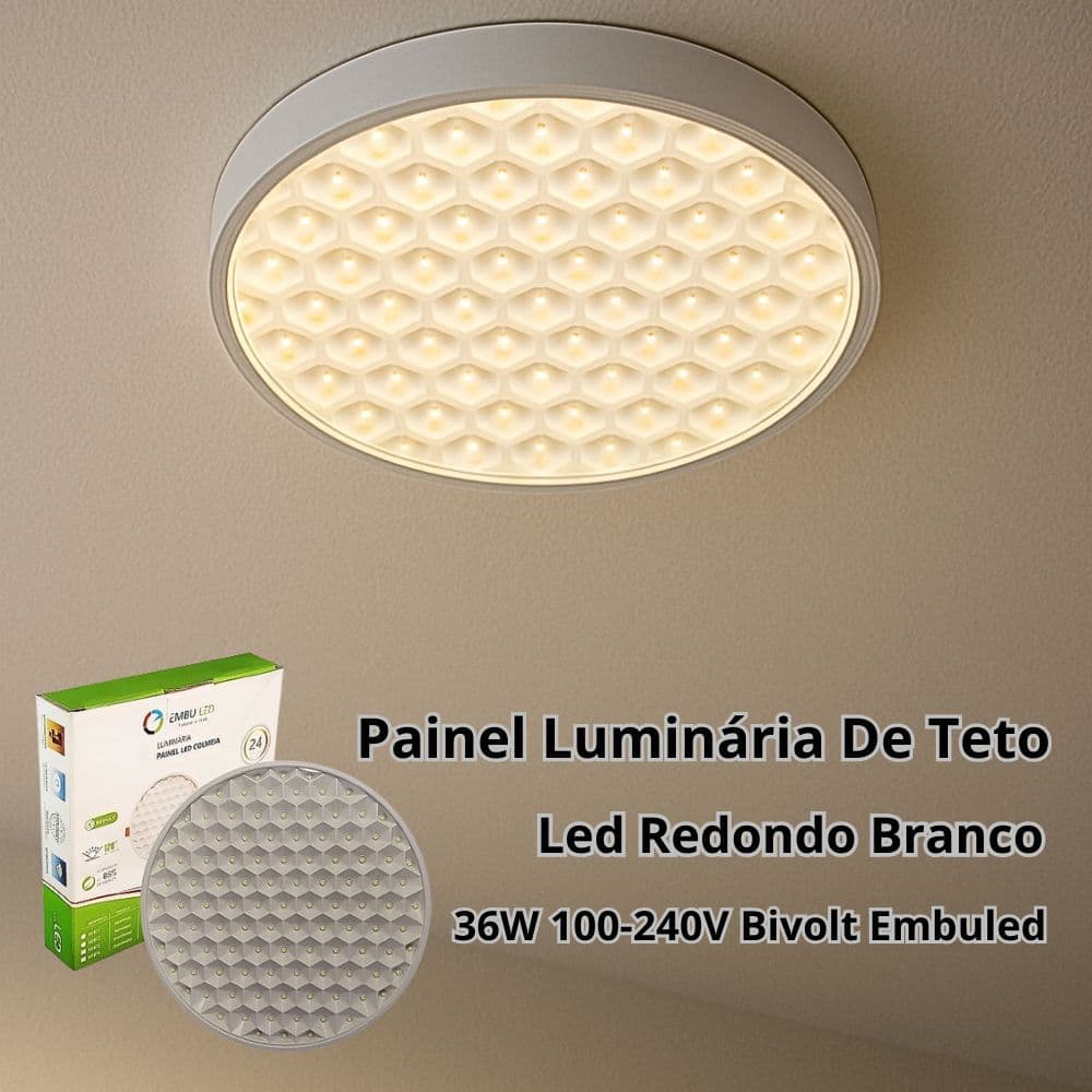 Painel Luminária De Teto Colmeia Led Redondo Branco 36W 100-240V Bivolt Embuled