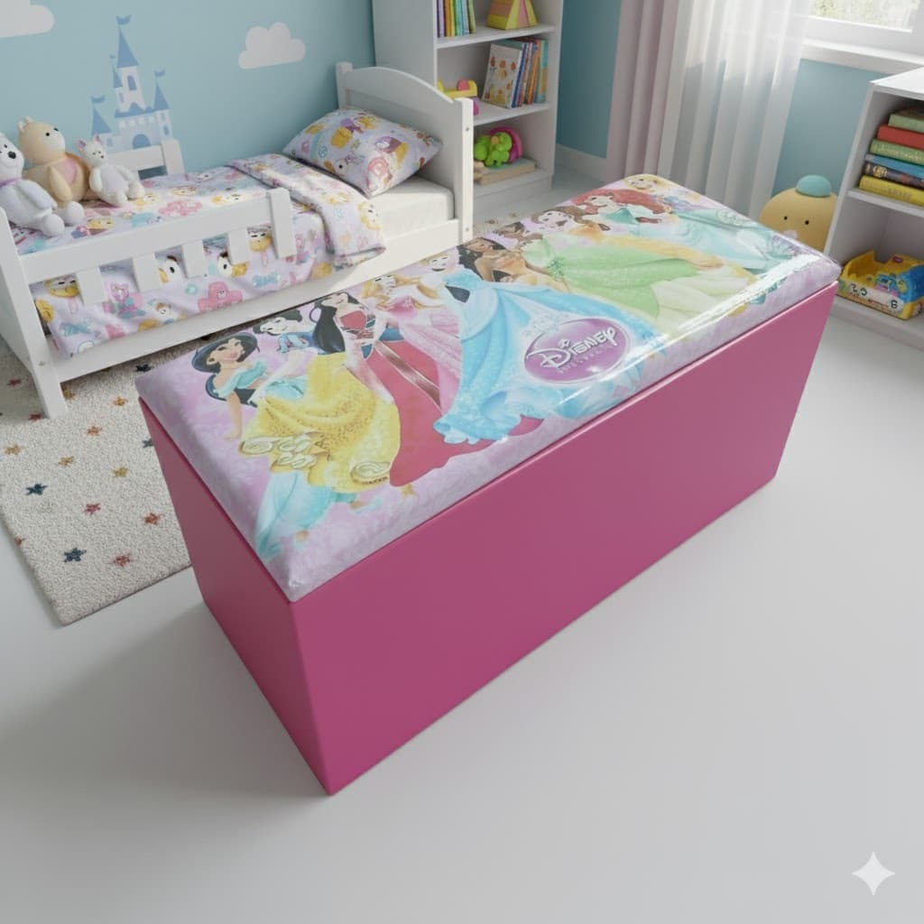 Puff Baú Princesas Infantil 90x45x45cm Organizador Decorativo Guarda Brinquedos Quarto Menina