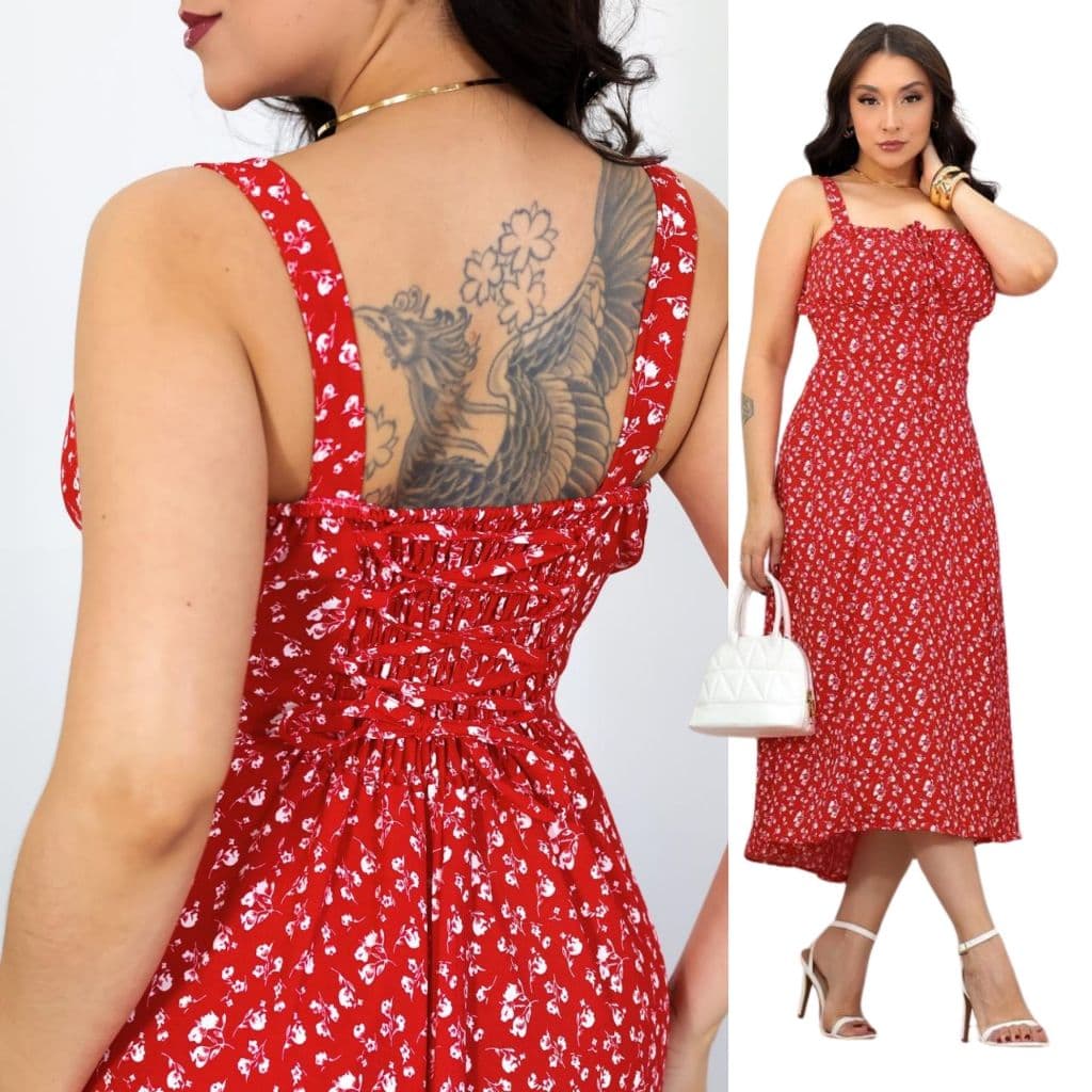 Vestido Feminino Vermelho Floral Duna Alça Grosa - Vestido Casual Verão com Fenda