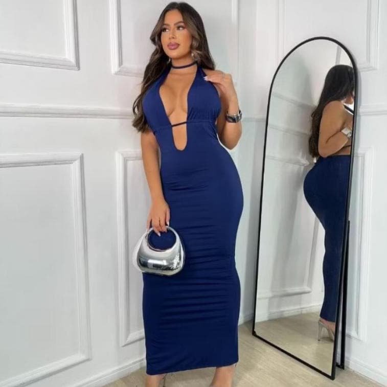 Vestido Longo Decote V Costas Nua Tecido Canelado Estiloso e Elegante Moda Paty Verão