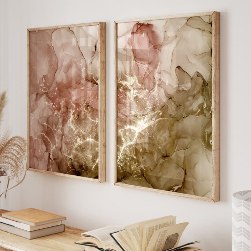 Kit 2 Quadros Decorativos Abstrato Luxuoso Rosa e Dourado Sala Quarto Vidro Moldura Premium Duo