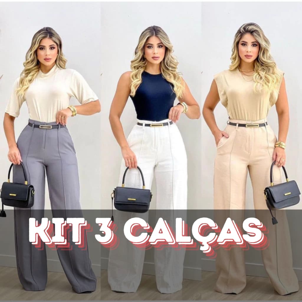 KIT 3 Calças Pantalona Alfaiataria Premium Cintura Alta Com Bolso Com Cinto PROMOÇÃO 3 CALÇAS