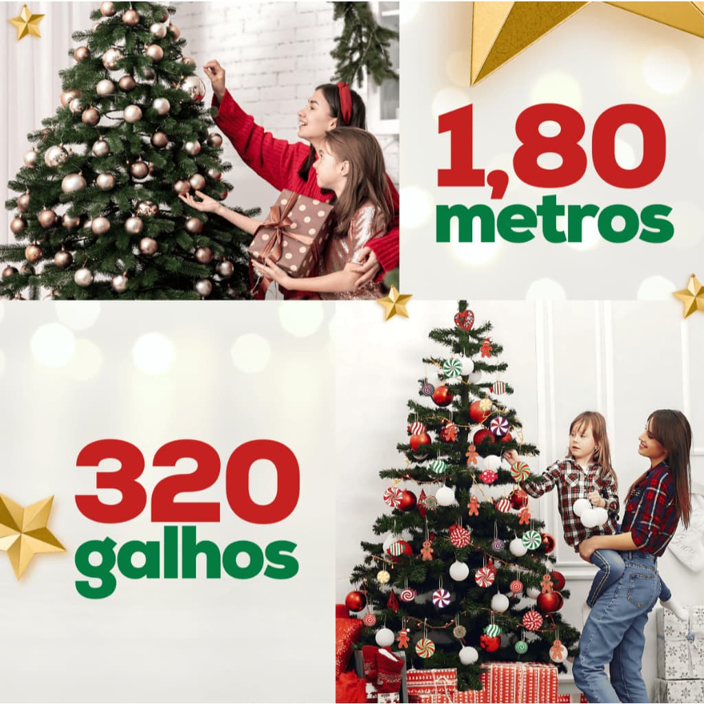 Árvore de Natal Pinheiro 1,80Cm Verde Escuro com Base de Plástico Alta Qualidade em PVC Natalina
