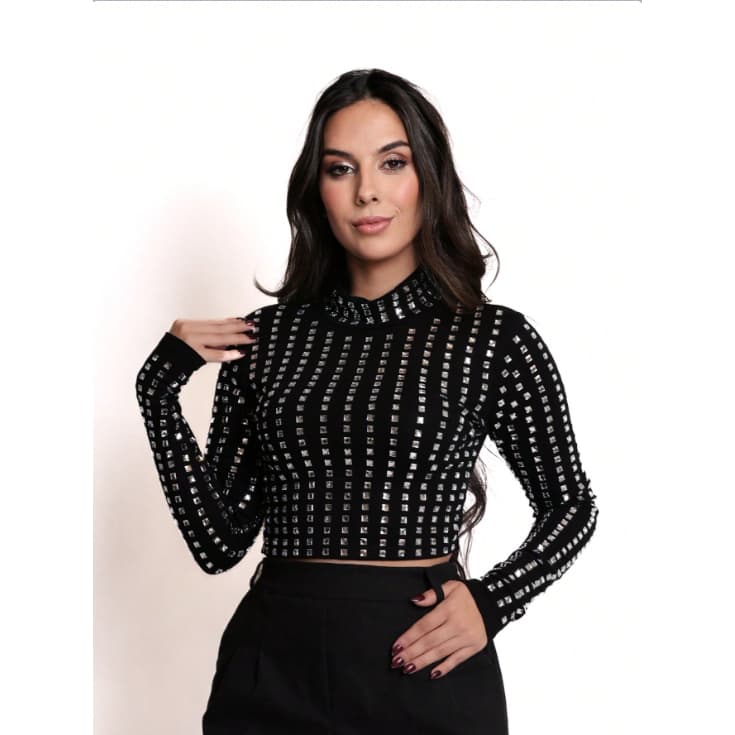 Blusa feminina com strass elegante, estilo moderno e sofisticado para festas T2310-62