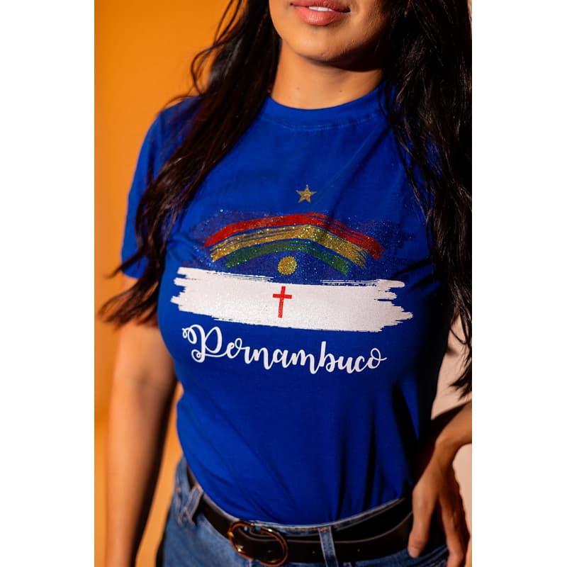 Camiseta feminina T-shirt algodão bandeira de Pernambuco blusa brilhosa