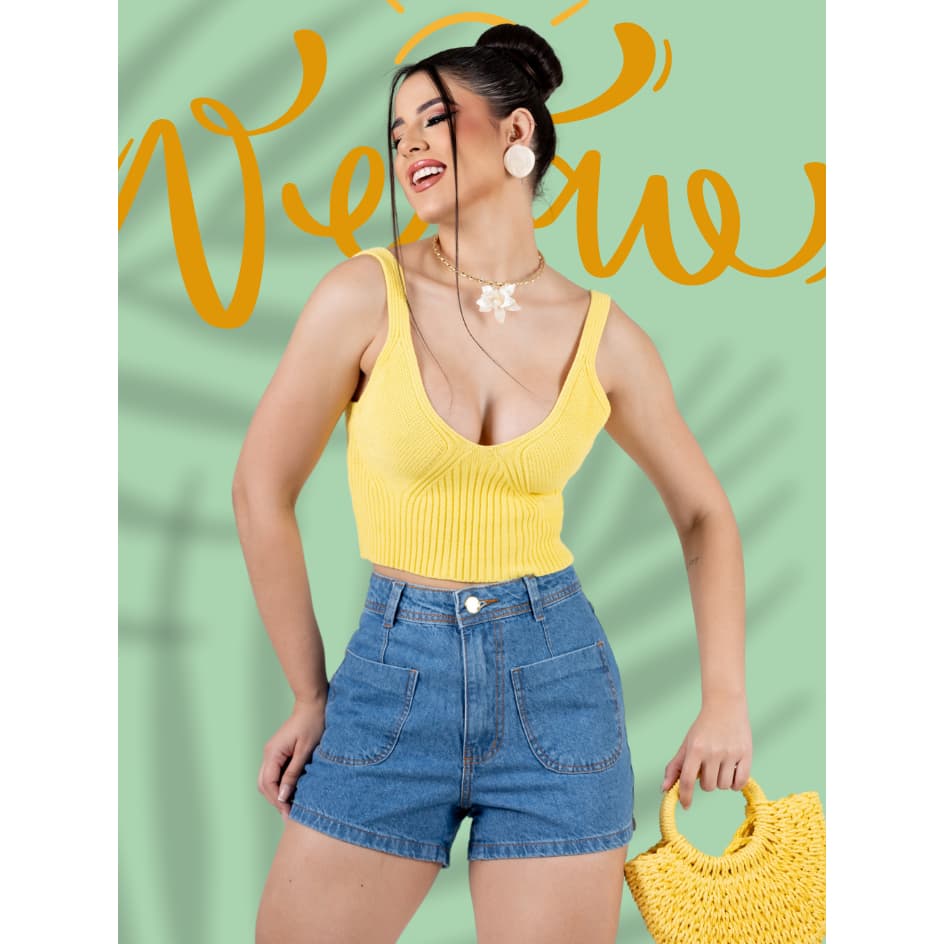 Short Jeans Feminino Cintura Alta com Bolsos Confortável Estiloso e Versátil para o Dia a Dia