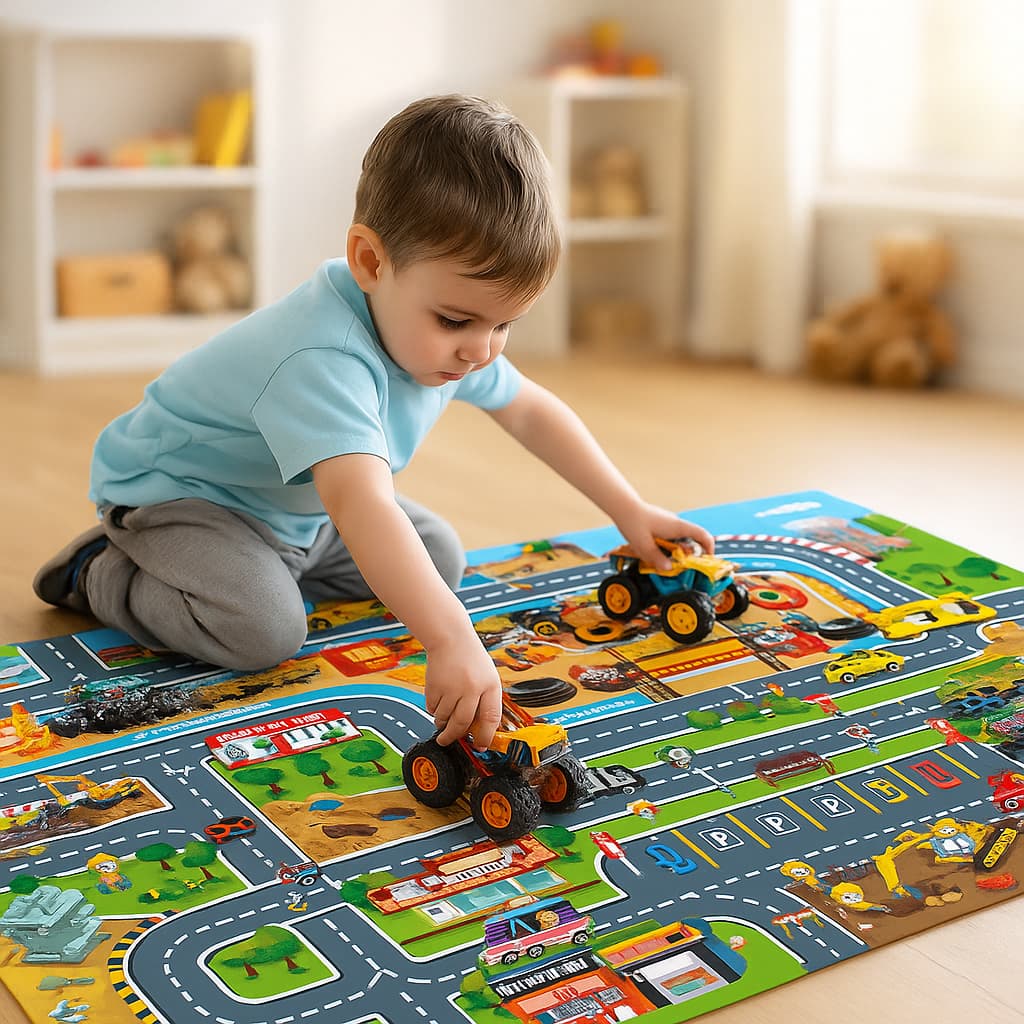 Tapete Cidade Infantil 80×70 cm c/ 2 Carrinhos e Acessórios — Educativo +3
