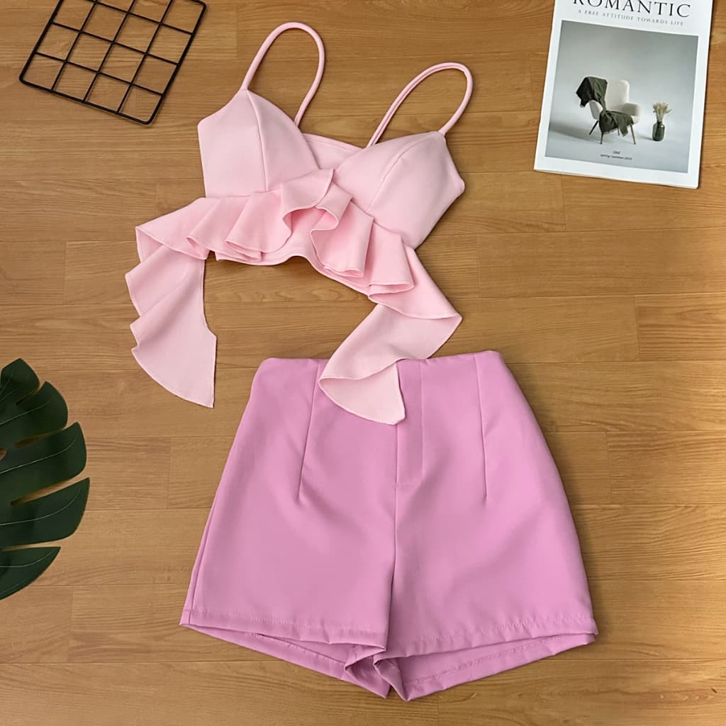 Chic Women's Ruffled Cropped Cami Top and Solid Short Set Stylish Two Piece for Summer