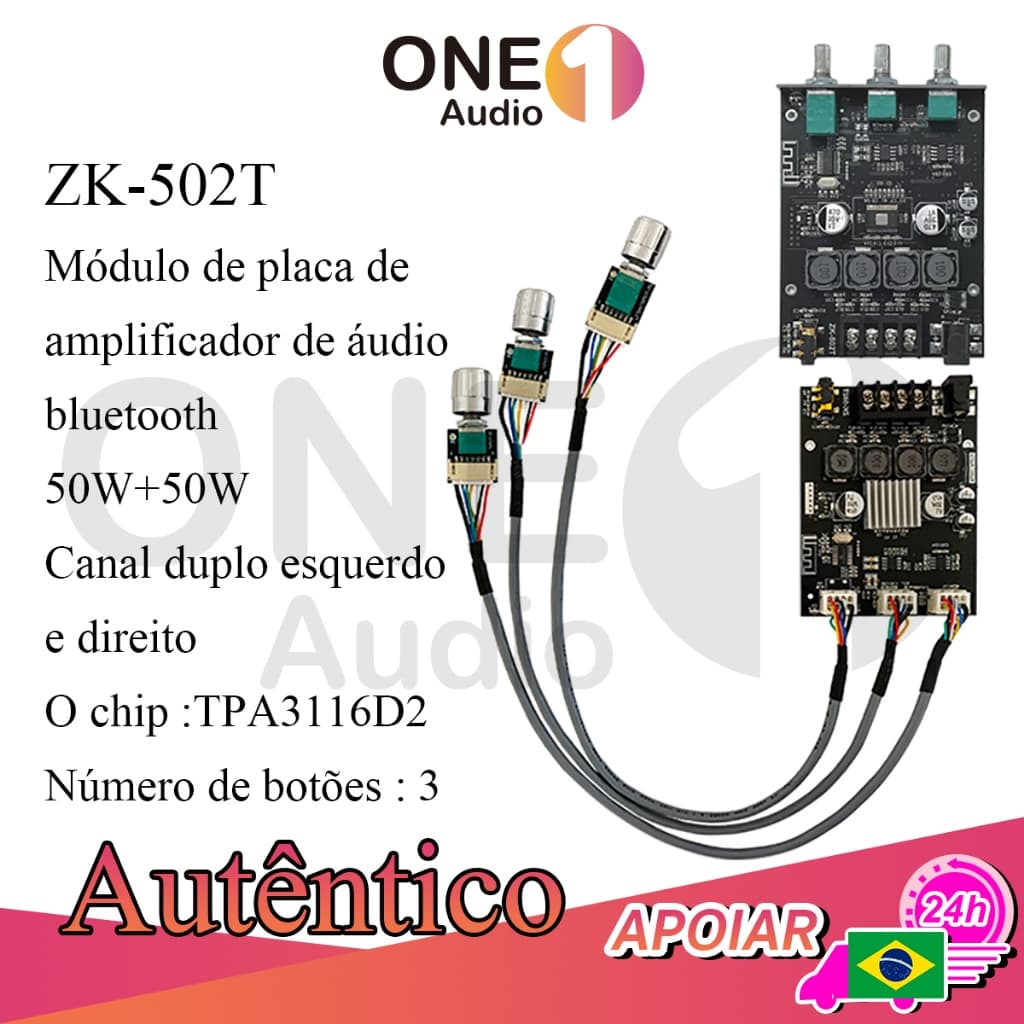 OneAudio ZK-502T Amplificador de Potência  2×50W Bluetooth 5.0 Estéreo Fácil Instalação
