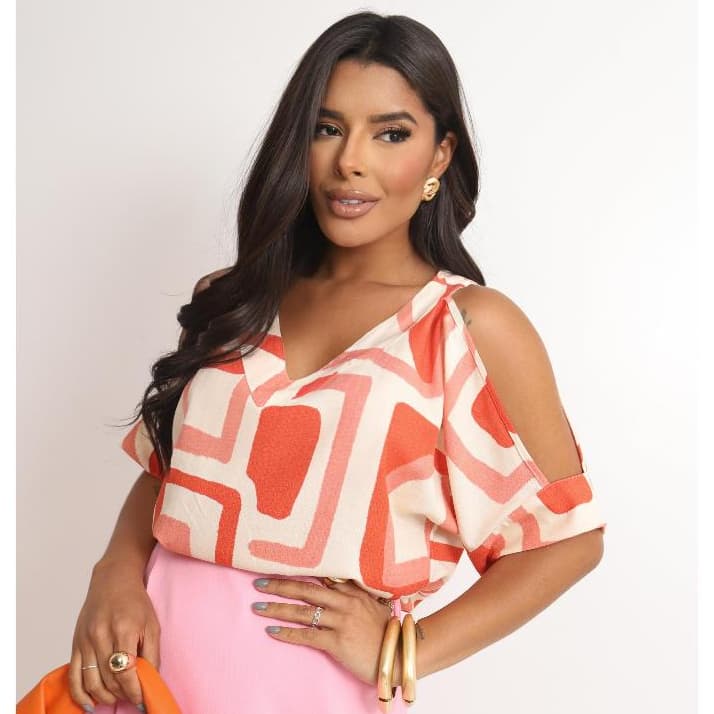Blusa Estilo Verão Ombro Vazado Moda Feminina Estampada M G GG