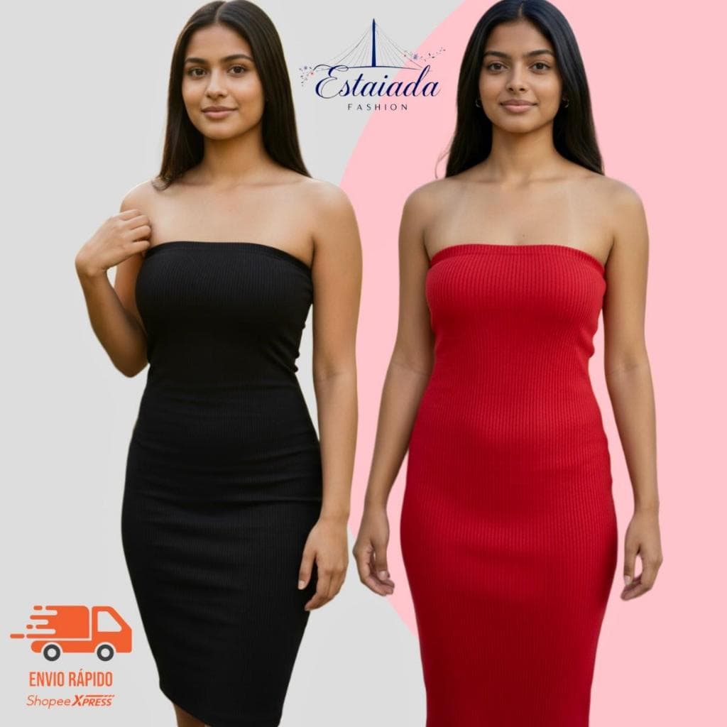 Kit 2 Vestidos Femininos Midi Tomara que Caia Canelado Estiloso Blogueira