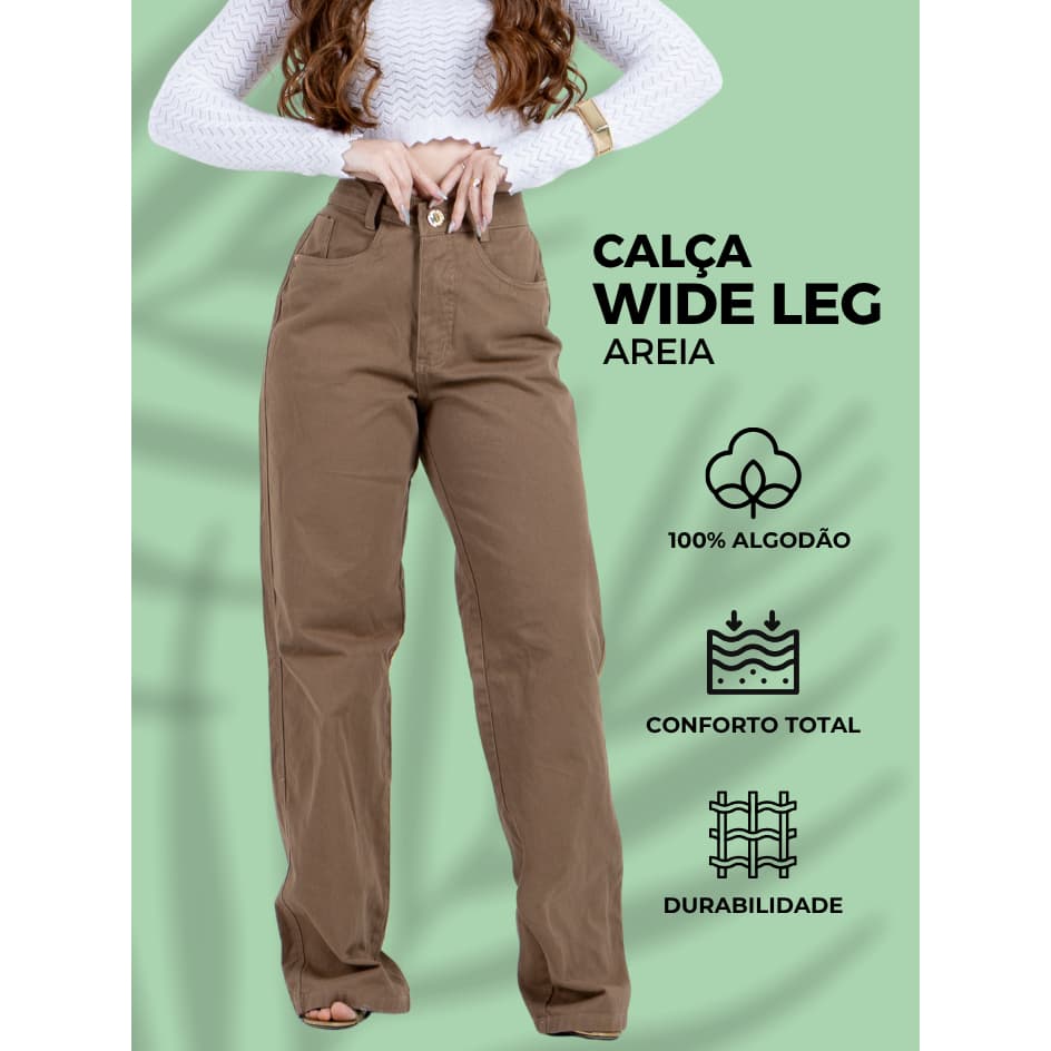 Calça Wide Leg Feminina Cintura Alta Confortável Com BolsosFuncionais Para Trabalho Dia a Dia Casual