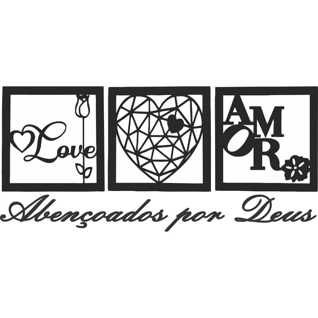Kit 3 quadros de Decoração de Parede em MDF Preto fosco vazado em MDF 3mm + Frase decorativa