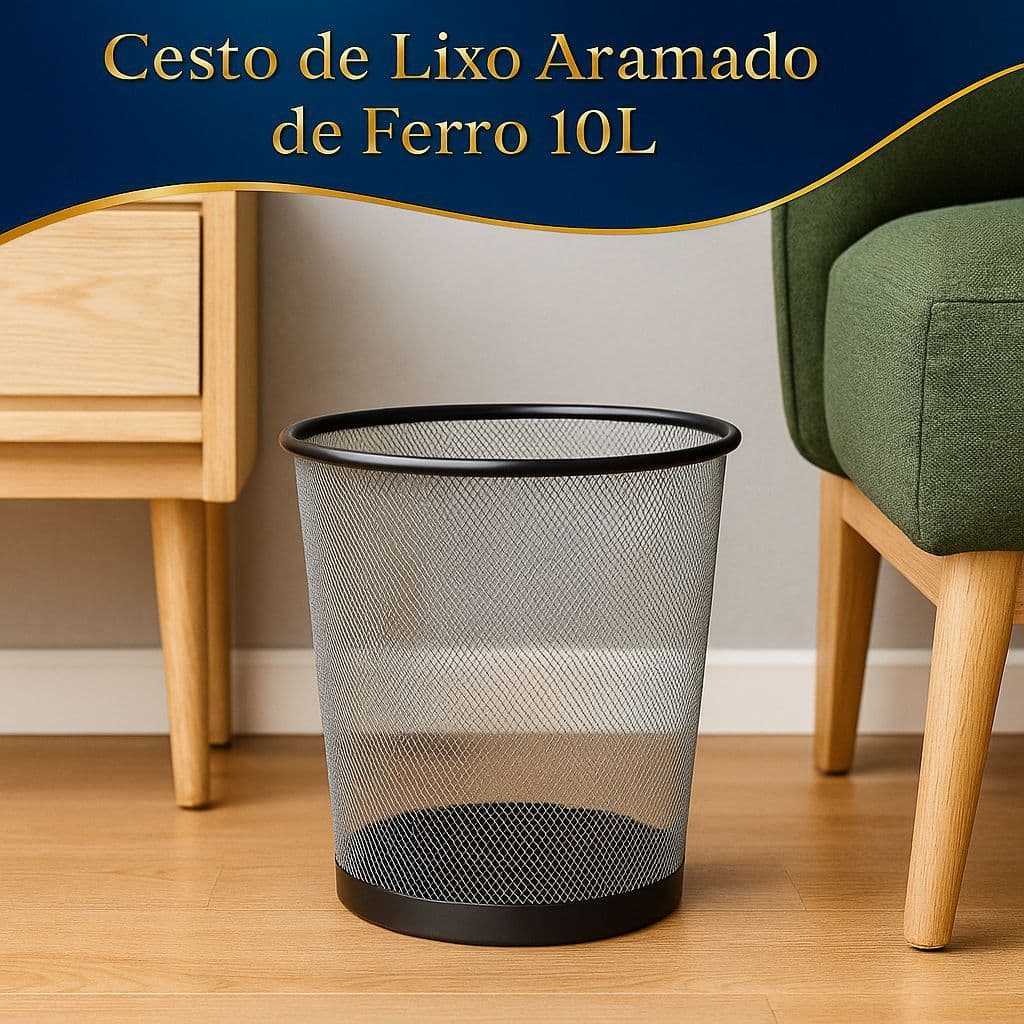 Cesto de Lixo Aramado Ferro 10 Litros Preto para Casa Escritório
