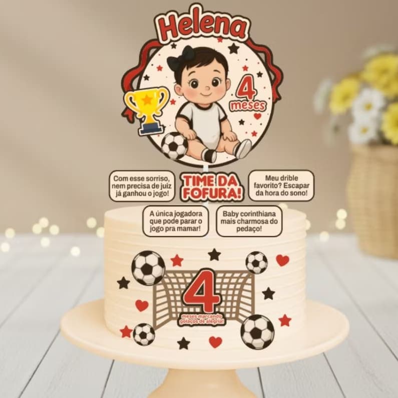 Topo de Bolo Mesversário Futebol Baby | Bebê |  Menina ou Menino | Personalizado com Nome e Idade |